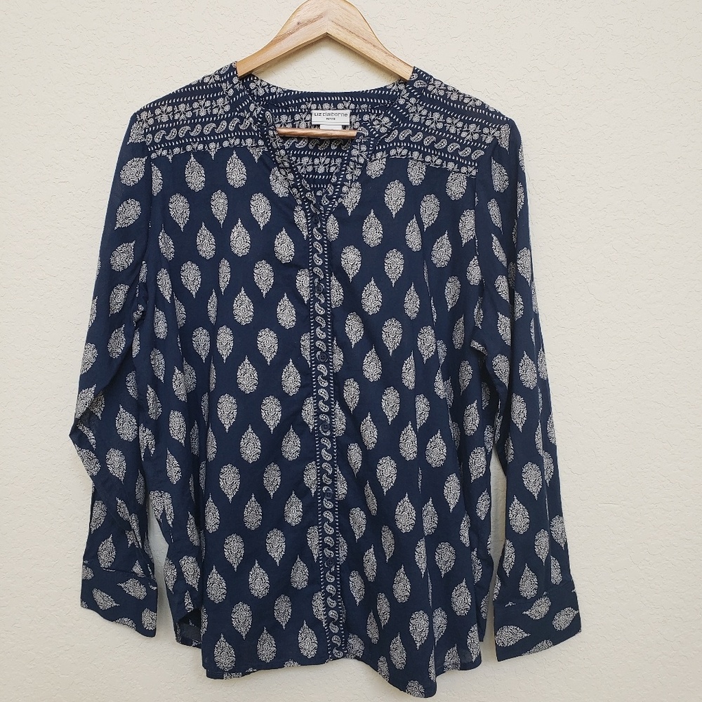 Liz Claiborne Navy Blue and White Printed Button-Down Shirt